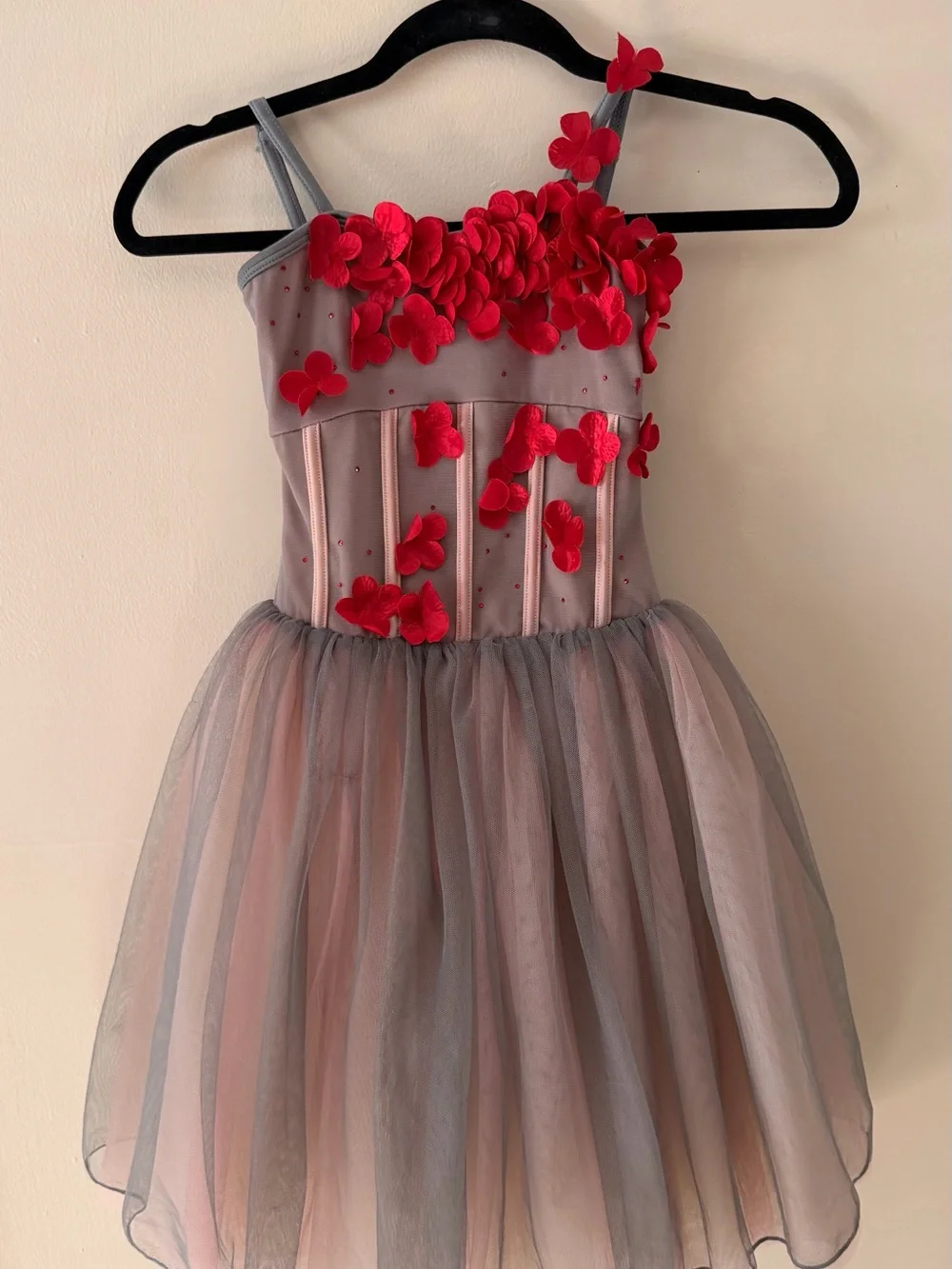 Curtain Call Dance Costume Girls Grey Tulle Dress with Red Floral Appliqué. CM